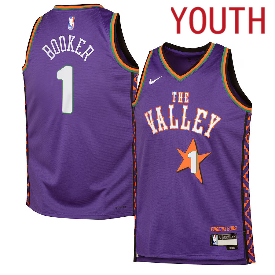 Youth Phoenix Suns #1 Devin Booker Nike Purple City Edition 2024-25 Swingman Player NBA Jersey->youth nba jersey->Youth Jersey